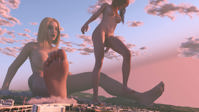 breasts giantess nude city blonde multiple_sizes red_hair digital_render nipples pussy vore giga mega destruction toes barefoot sitting foot_crush redfiredog
