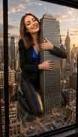 breasts destruction cleavage kneeling suit vehicles jacket empire_state_building giantess city long_hair high_heels buildings brunette skyscraper hugging outdoors nail_polish closed_eyes leather_pants ai_art eleoneg