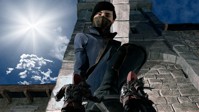 emily_kaldwin breasts giantess mega black_hair armor blue_eyes buildings gloves sun boots shrunken_man mask pants clouds jacket hood digital_render looking_at_tinies molchim dishonored