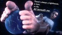 giantess earth giga space black_hair large_breasts blue_eyes toes barefoot skirt shirt dialogue stars elizabeth bioshock_infinite bioshock digital_render cosmic_giantess bare_legs elizabeth_comstock molchim
