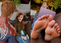 breasts blue_eyes toes barefoot jeans brunette smiling couple red_hair ponytail sitting unaware shrunken_man mask jacket costume shirt sofa computer laptop dialogue plants stuck_to_foot scarf digital_render mary_jane miles_morales spider-man marvel_comics hpmw-fan45