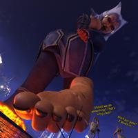 breasts giantess horns city butt robot blue_eyes toes barefoot buildings gloves fire star_wars pants night tattoo point_of_view dialogue looking_behind digital_render orange_skin togruta ahsoka_tano jedi battle_droid harbingerinfinit lekku