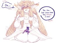 gentle giantess elf drawing long_hair sitting shrunken_woman english in_lap lnbeep