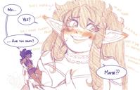 breasts blushing long_hair handheld smiling shrunken_woman english dark_skin pointed_ears speech_bubble lnbeep drawing gentle giantess elf