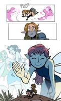 giantess shrinking fairy drawing blushing wings comic long_hair blue_eyes blue_hair smiling shrunken_woman grass closed_eyes top angel_wings fairy_wings pointed_ears multiple_girls molly_james
