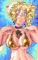 giantess multiple_sizes between_breasts bikini breasts drawing blushing blonde large_breasts swimsuit blue_eyes smiling short_hair navel underboob heart shrunken_man jewelry choker earrings micro_bikini ed_n_em