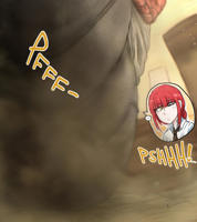 drawing micro color butt yellow_eyes red_hair unknown_artist sitting tie shrunken_man indoors shirt point_of_view looking_behind source_needed winking cutaway giantess fart makima Fart