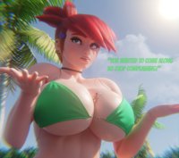 bikini breasts giantess mega large_breasts swimsuit cleavage green_eyes red_hair ponytail short_hair sun frankie_foster shrunken_man clouds palm_trees choker earrings dialogue digital_render fosters_home_for_imaginary_friends bare_midriff between_breasts hair_pin cartoon_network dbhfrost Mega