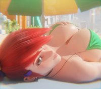 bikini breasts city large_breasts swimsuit cleavage buildings green_eyes red_hair ponytail lying_down short_hair frankie_foster shrunken_man palm_trees choker earrings looking_at_viewer digital_render cupping_breasts fosters_home_for_imaginary_friends bare_midriff between_breasts hair_pin cartoon_network dbhfrost