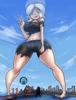monsters_vs_aliens jumpsuit breasts drawing growth giantess white_hair giga city color robot bridge blue_eyes toes barefoot cleavage water ocean buildings bob ginormica shorts vehicles clouds thighs golden_gate_bridge top belt ripped_clothing san_francisco kaiju bare_legs susan_murphy dreamworks blob cutaway bare_midriff looking_at_tinies insectosaurus lamedasize
