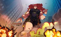 breasts drawing giantess city mega color large_breasts long_hair destruction handheld buildings helicopter smiling giganta street red_hair muscles explosion hand_crush vehicles night truck costume point_of_view looking_at_viewer bracelet dc_comics absolute_wonder_woman Mega Destruction wuk