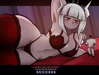 helltaker lucifer_(helltaker) lucifer the_helltaker breasts drawing white_hair panties horns black_hair color large_breasts cleavage bra bed red_eyes shoes stockings smiling lying_down demoness shrunken_man thighs indoors thick_thighs looking_at_tiny bare_legs bare_midriff mole_under_eye arkeus16