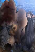 drawing feet city black_hair destruction soles short_hair shrunken_woman open_mouth point_of_view from_below pov_feet Destruction giantess