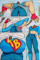 glasses breasts drawing growth giantess city mega comic color large_breasts buildings brunette superhero gloves boots pants dark_skin thighs fist costume dialogue uneven_growth bare_midriff ladynin-chan Mega kim_balance