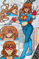 breasts drawing growth giantess city mega comic color large_breasts long_hair high_heels buildings brunette superhero brown_eyes gloves boots mask pants dark_skin thighs fist costume dialogue uneven_growth bare_midriff ladynin-chan Mega kim_balance glasses