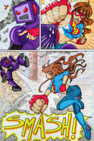 breasts drawing growth giantess city mega comic color large_breasts long_hair butt robot destruction high_heels buildings brunette superhero brown_eyes gloves boots fighting mask pants dark_skin thighs fist costume dialogue uneven_growth bare_midriff ladynin-chan Mega Destruction kim_balance