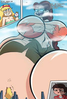 giantesses breasts drawing giantess giga city mega blonde comic color large_breasts long_hair blue_eyes cleavage buildings green_eyes brunette multiple_sizes brown_eyes shorts airplane clouds thighs milf disney top ripped_clothing headband latina dialogue hands_on_hips wand thick_thighs bare_legs cutaway star_butterfly star_vs_the_forces_of_evil bare_midriff nanobros1 macro_diaz angie_diaz Mega Cleavage