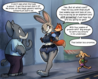 breasts drawing giantess panties furry tail city comic color bunny barefoot skirt buildings green_eyes brunette purple_eyes fox police mini_giantess police_uniform shorts pants thighs bunny_girl disney shirt top belt ripped_clothing dialogue elephant looking_at_tiny orange_skin bare_legs grey_skin trunk judy_hopps zootopia nick_wilde bare_midriff police_officer shieltar tusk