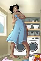 drawing growth giantess nude color toes barefoot mini_giantess twintails window dark_skin thighs indoors towel earrings ripped_clothing dc_comics laundry washing_machine caiman2 laundry_room static_shock sharon_hawkins