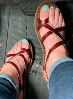 breasts toes jeans brunette shrunken_woman ducktape giantess sandals pedal_pumping taped_down blue_nails ai_art