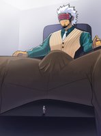 white_hair sitting office tie suit pants indoors earrings visor vest drawing color male bulge between_legs shrunken_woman chair ace_attorney huzk33 godot diego_armando