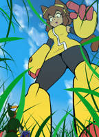 breasts drawing furry tail blonde color crossover cat_ears brunette elf grass cat_girl dark_skin thighs hat point_of_view shield looking_at_tiny tehbeanieman kit_bodega shrunken_man giantess the_legend_of_zelda link_(the_legend_of_zelda) gameoverse