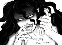 drawing nude monochrome long_hair claws handheld fangs shrunken_woman open_mouth dialogue no_background looking_at_tiny pointed_ears snowshaxx giantess vore multiple_sizes