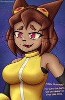 breasts drawing furry color cat_ears brunette purple_eyes gloves unaware shrunken_man cat_girl goggles dialogue stars hanging_on worthlessnews giantess katamari gameoverse kit_bodega
