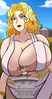 breasts blonde blue_eyes cleavage huge_breasts brunette dress thighs greek_goddess temple toga column flower_in_hair greek_mythology lifting_breast Cleavage doodlemario goddess giantess aphrodite recordofragnarok