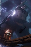 breasts giantess giga clothed bra water ocean helicopter brunette gloves thong underboob belly rain pants night closed_eyes point_of_view knife belt lightning jeep digital_render tactical_gear quiet_(metal_gear) metal_gear env-light towering