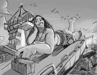 breasts drawing giantess mega monochrome long_hair clothed toes barefoot skirt ocean lying_down clouds outdoors sky disney necklace ships native raised_legs cargo_ship handled looking_at_tiny containers claw7705 moana Mega
