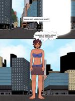 giantess breasts drawing city mega comic barefoot bra skirt buildings brunette yellow_eyes short_hair dark_skin crowds dialogue bare_legs bare_midriff damianlix Mega