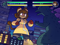 breasts giantess furry tail city mega claws buildings brunette godzilla gloves pink_eyes fangs fighting cat_girl video_game night signs goggles stars kaiju whiskers megamaliit spines Mega gameoverse kit_bodega crossover