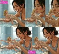 breasts nude black_hair barefoot cleavage water bathroom indoors Cleavage blonde handheld bath asian kissing lesbians washing interracial handling ai_art queencontrol