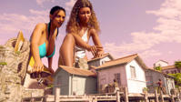 bikini breasts giantess mega black_hair large_breasts swimsuit beach handheld cleavage water buildings brunette kneeling tontoblackadder giantesses rope boats dark_skin clouds palm_trees braid cliff digital_render bare_legs looking_at_tinies Mega Cleavage