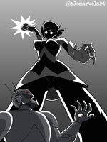 breasts drawing giantess mega monochrome robot gloves fighting fist costume point_of_view janet_van_dyne ultron the_wasp avengers_earths_mightiest_heroes Mega aleohara marvel_comics