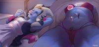 giantess breasts drawing panties blushing long_hair blue_eyes underwear small_breasts lips lying_down navel blue_skin shrunken_man closed_eyes made-in-donuts tiny_furry