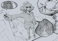 giantess breasts drawing vore city mega comic monochrome large_breasts handheld bra buildings digestion socks street short_hair shorts pants vehicles stomach_view looking_at_tiny bare_legs cutaway bare_midriff Mega gartistical gwenyth