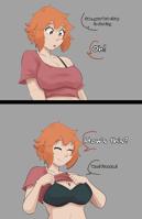 giantess breasts drawing color large_breasts cleavage bra red_hair shrunken_man undressing top dialogue orange_hair sam no_background sihagen between_breasts Cleavage meme
