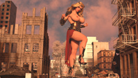 breasts nipples city mega long_hair armor rampage skirt high_heels buildings huge_breasts topless bracelet debris redfiredog bare_legs Mega giantess blonde goddess foot_crush digital_render