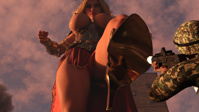 giantess blonde goddess foot_crush digital_render breasts nipples panties city mega upskirt long_hair armor rampage gun skirt high_heels buildings huge_breasts topless point_of_view bracelet debris looking_at_tiny redfiredog bare_legs solider Mega