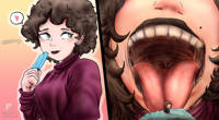 giantess breasts drawing vore blushing comic color tongue teeth saliva green_eyes brunette unknown_artist shrunken_woman shrunken_man open_mouth sweater source_needed imminent_vore no_background icecream Vore shintobuga