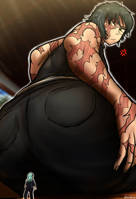breasts drawing black_hair color butt glasses jeans blue_hair brown_eyes unknown_artist sitting shrunken_woman indoors point_of_view looking_behind source_needed looking_at_tiny scars