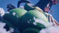 vore giga black_hair tongue butt destruction buildings gloves clouds costume goggles hands_on_hips looking_behind thick_thighs digital_render tsuyu_asui my_hero_academia Destruction Vore giantess