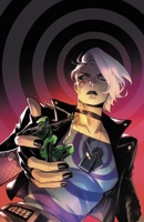dc_comics black_canary breasts drawing blonde color blue_eyes handheld gloves short_hair boots fishnets mask pants jacket choker bow belt hood cover_page arrows dog_tags bandaid green_arrow absolute_green_arrow giantess shrunken_man no_background