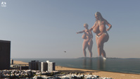 breasts nipples giantess nude city mega blonde black_hair long_hair beach water ocean buildings helicopter wet huge_breasts topless waves sunglasses giantesses thighs ships pointing bracelet pandoza wading thick_thighs digital_render bare_legs bare_midriff Mega