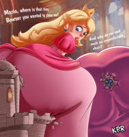 breasts drawing giantess tail blonde color long_hair butt destruction blue_eyes claws princess_peach castle dress sitting crown bowser shrunken_man super_mario indoors dialogue looking_behind sitting_on_building thick_thighs stuck_to_butt spikes kisparlius Destruction