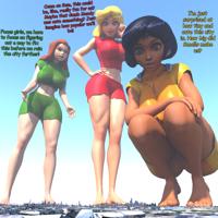 breasts giantess giga city mega blonde black_hair long_hair blue_eyes toes barefoot buildings green_eyes brown_eyes red_hair short_hair looking_down dark_skin thighs crouching clover totally_spies ripped_clothing jumpsuit dialogue hands_on_hips alex sam digital_render bare_legs bare_midriff harbingerinfinit Mega