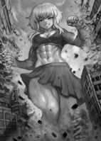 breasts drawing giantess monochrome destruction rampage cleavage skirt buildings smiling supergirl muscles abs top debris dc_comics bare_legs bare_midriff my_adventures_with_superman Destruction Cleavage