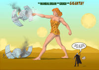 breasts drawing giantess mega alien color armor destruction crossover barefoot cleavage moon giganta red_hair star_wars mountains punch smoke cape dialogue helmet debris leopard_print dc_comics bare_legs tie_fighters mandalorian the_mandalorian nick_perks din_djarin grogu Mega Destruction Cleavage